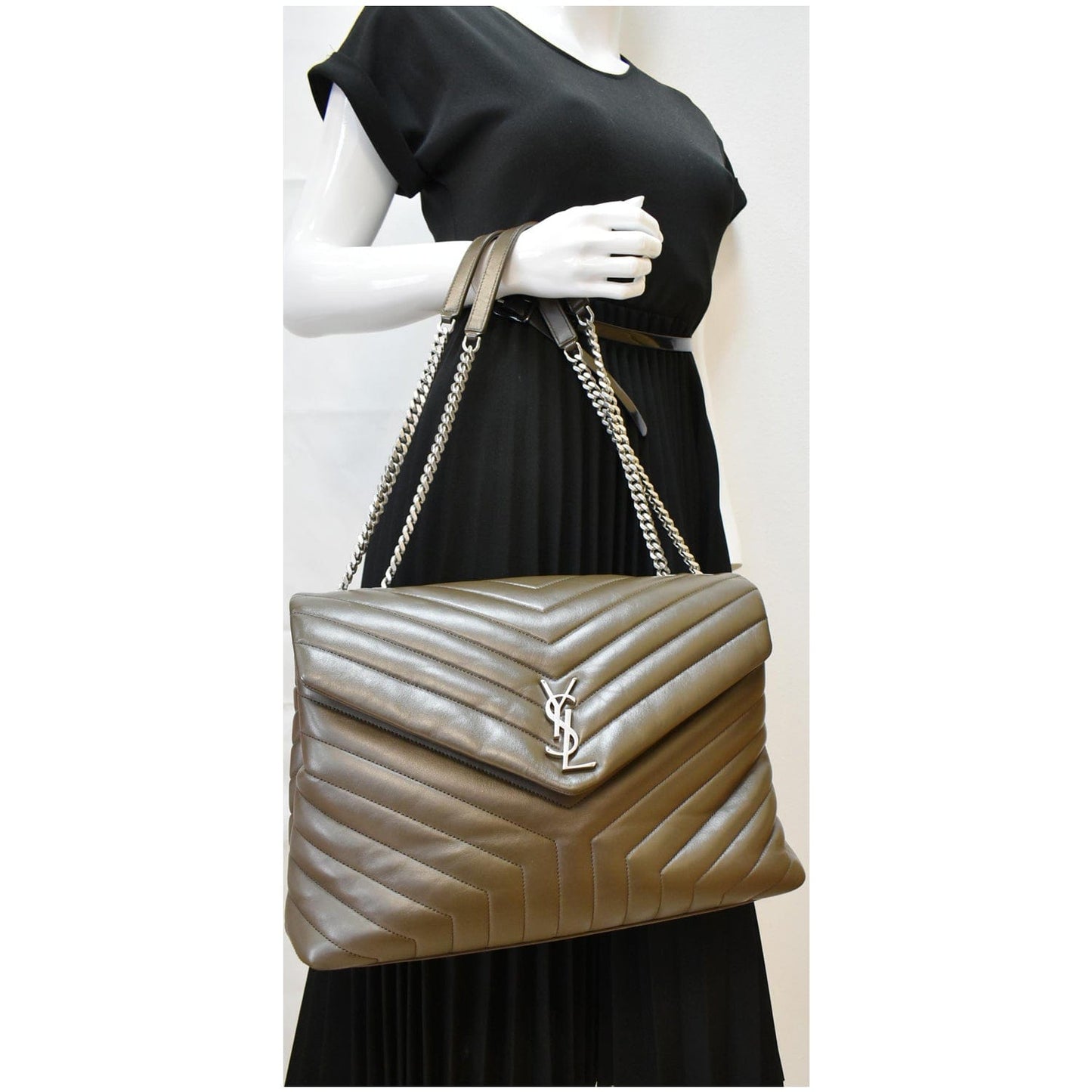 YSL Saint Laurent Saint Loulou Calfskin Chain Shoulder Bag Khaki Matelasse Green