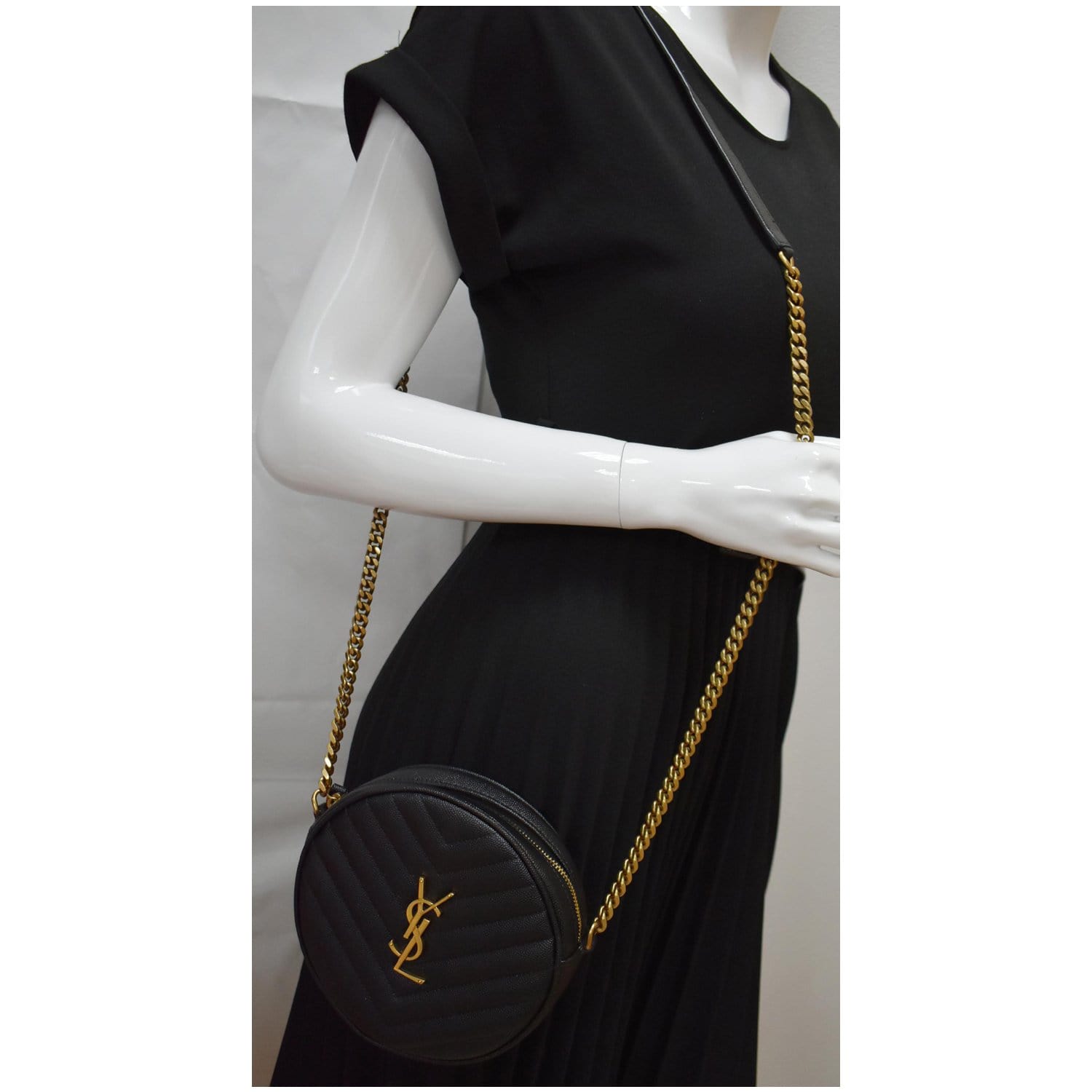 YSL Saint Laurent Saint Vinyle Round Chevron Crossbody Bag Leather Black