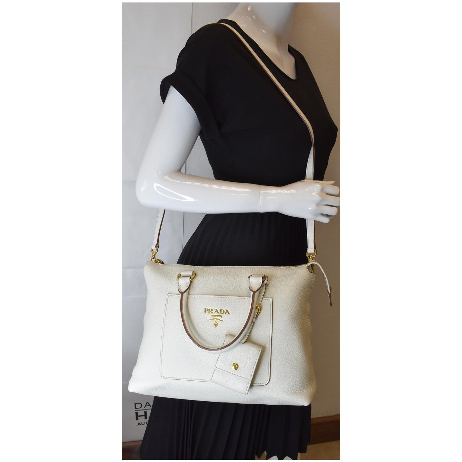 Prada Vitello Daino Pebbled Zip Tote Shoulder Bag Leather White