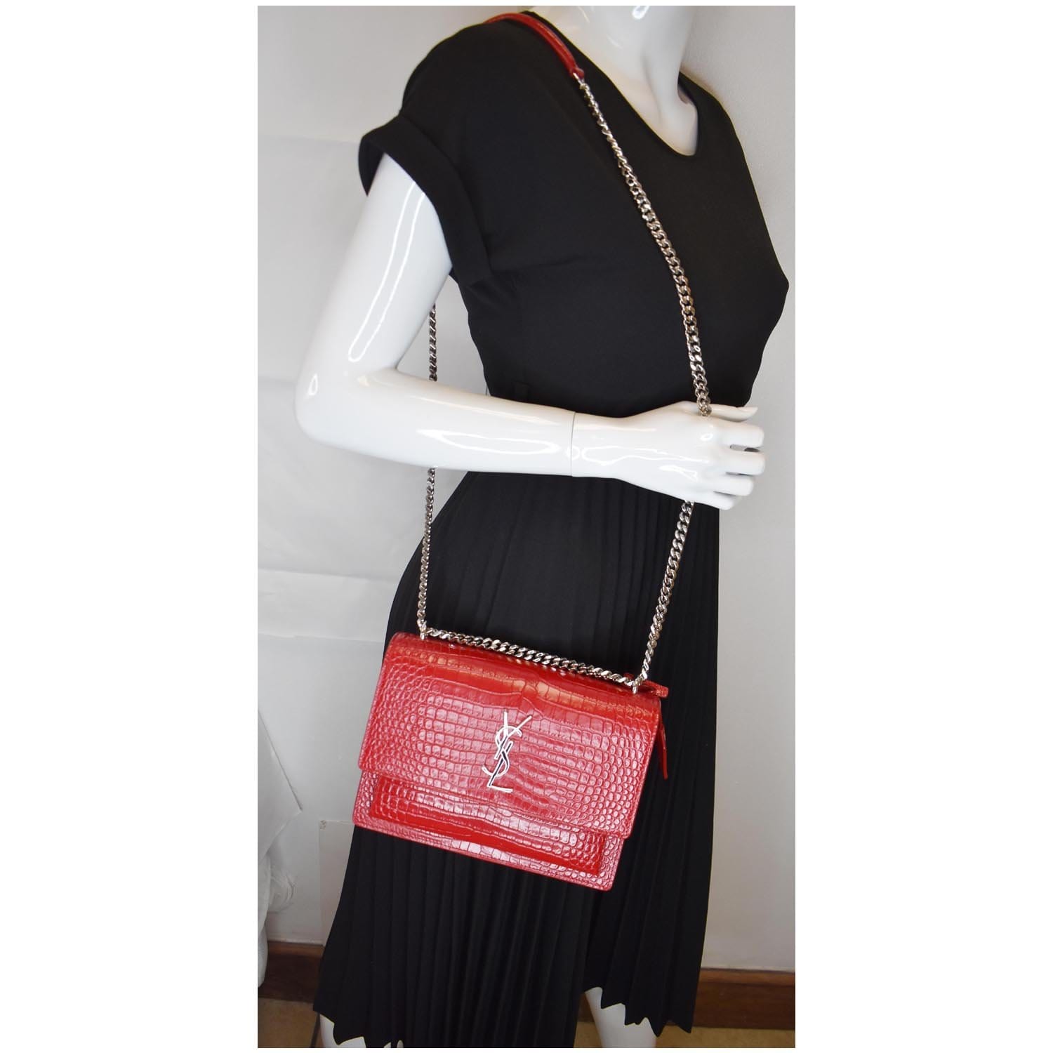 YSL Saint Laurent Saint Sunset Crocodile Crossbody Bag Leather Red