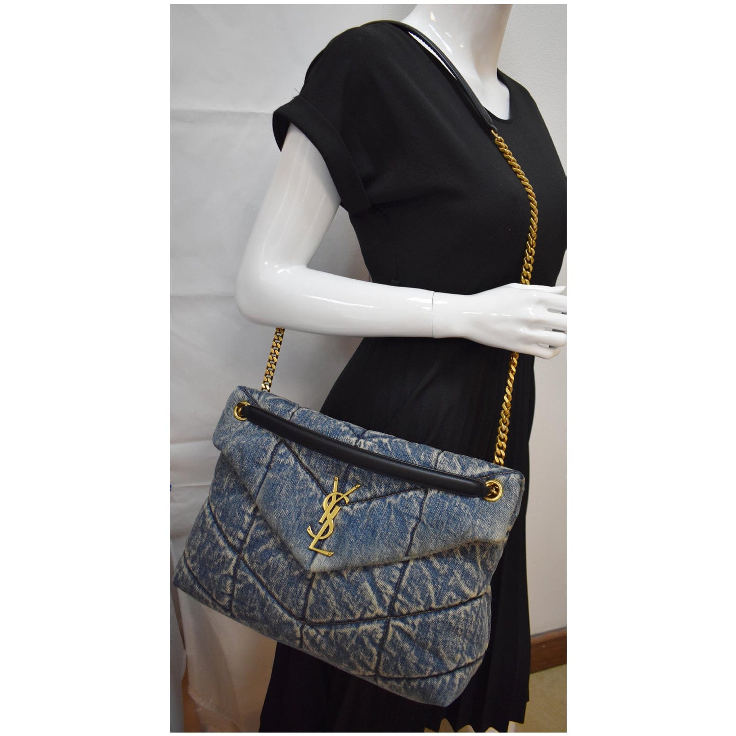 YSL Saint Laurent Saint Puffer Medium Shoulder Bag Canvas Denim