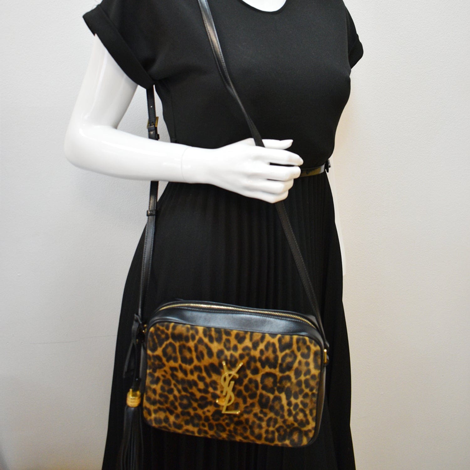 YSL Saint Laurent Saint Lou Camera Leopard Print Crossbody Bag Leather Black