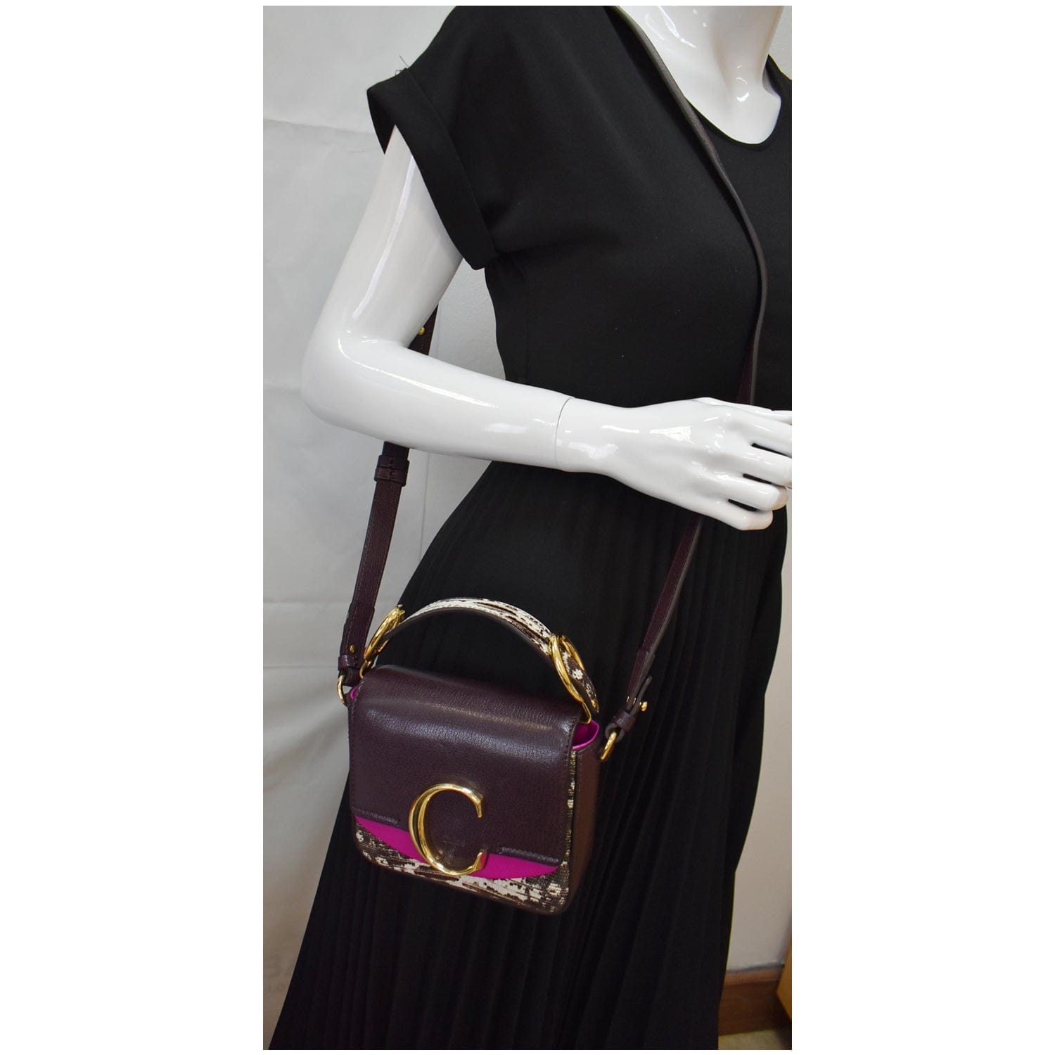 Chloe Double Carry Embossed Crossbody Bag Raisin Leather Mini