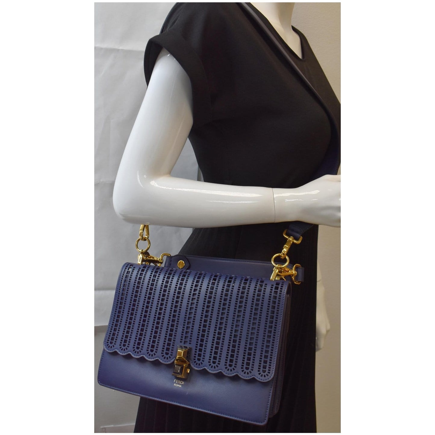 Fendi Kan Perforated Shoulder Bag Leather Blue