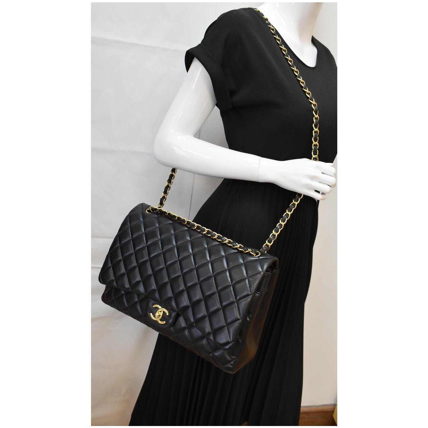 Chanel Maxi Double Shoulder Bag Leather Black