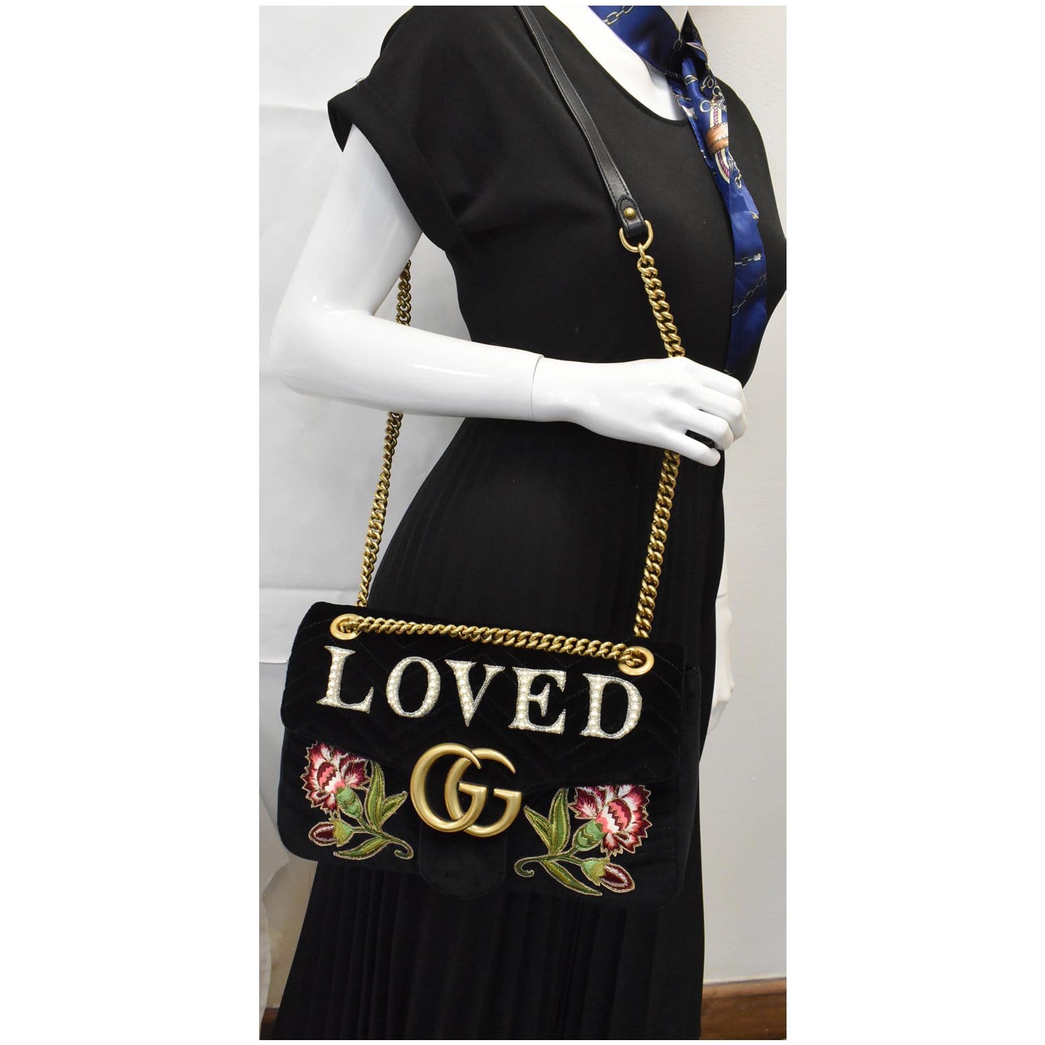 Gucci Blind For Love Marmont Embroidered Velvet Shoulder Black Shoulder Bag