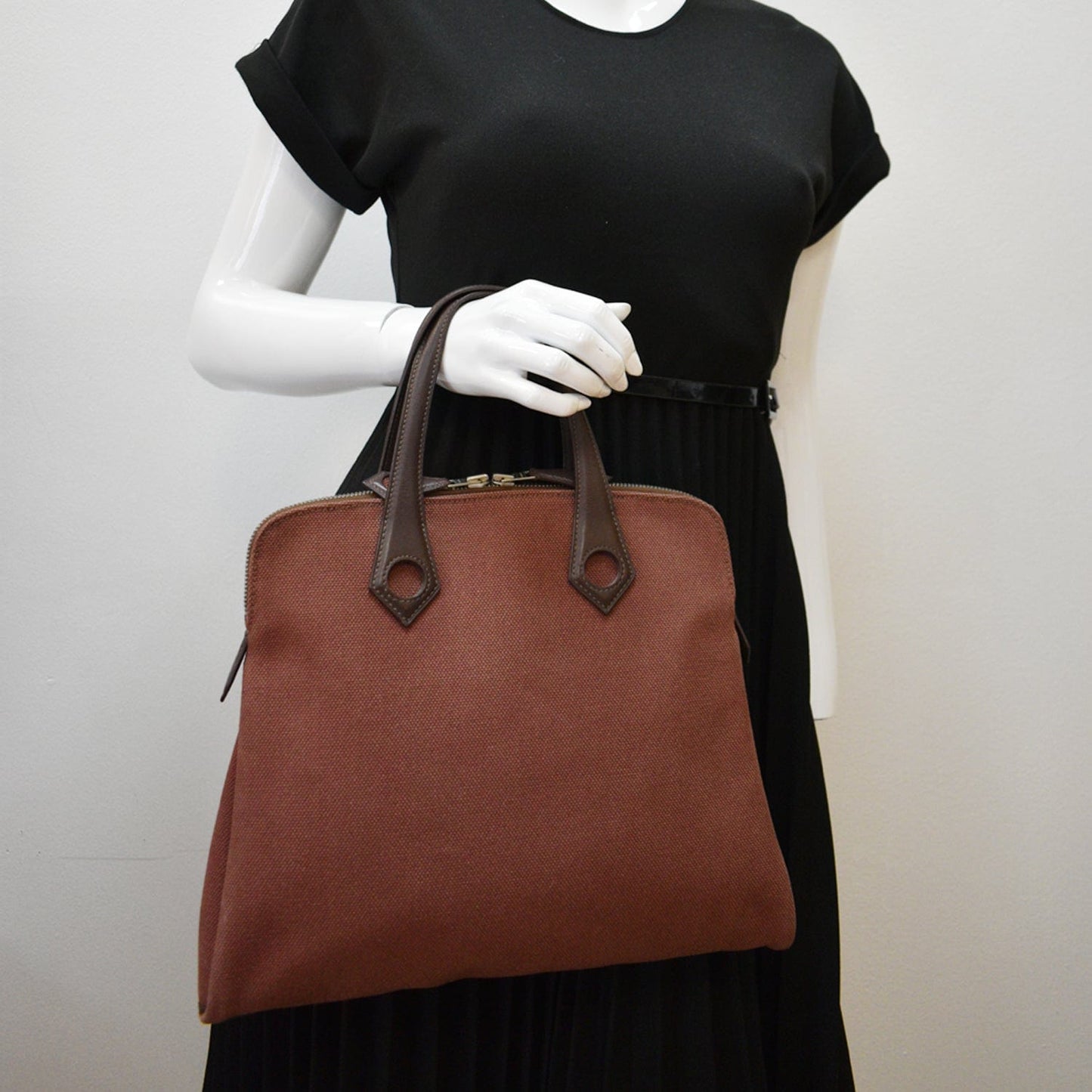 Hermes Heeboo Top Handle Satchel Bag Canvas Brown Travel Bag