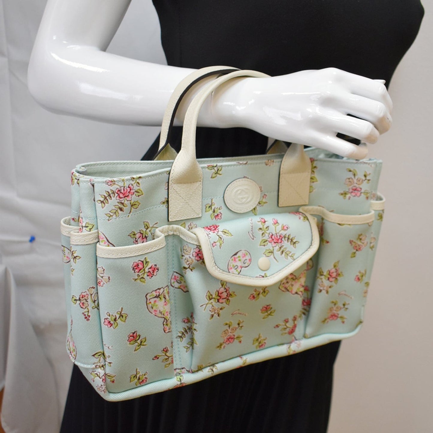 Gucci Children Floral Print Bag Light Canvas Blue Tote Bag