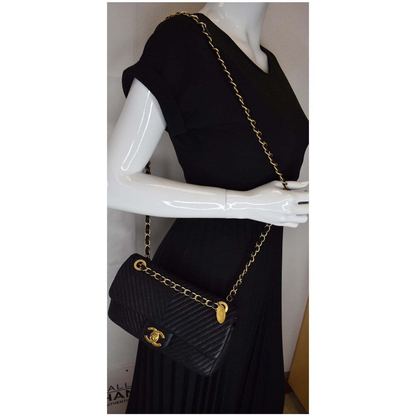 Chanel Surpique Chevron Calfskin Classic Shoulder Bag Black Flap