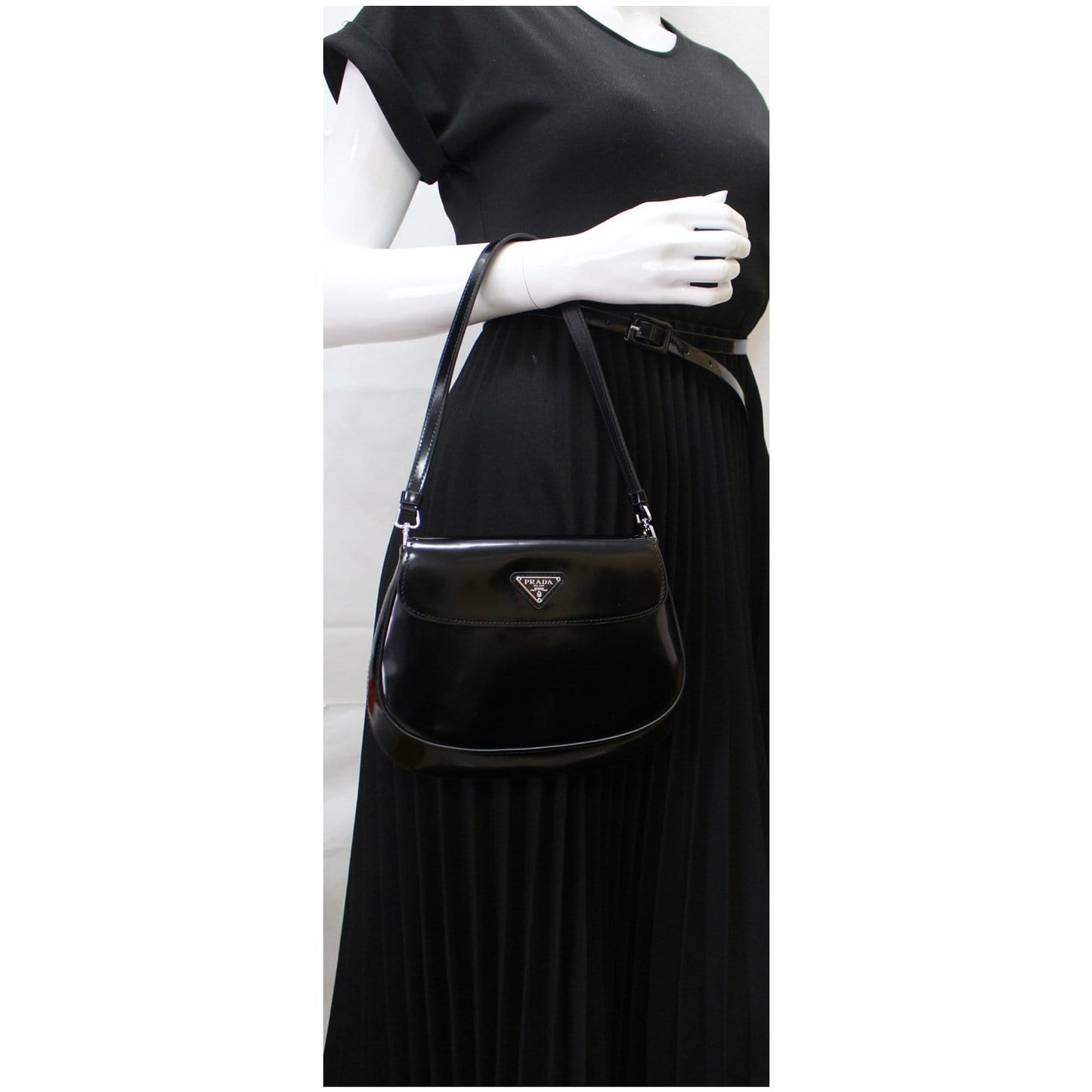 Prada Cleo Brushed Shoulder Bag Leather Black