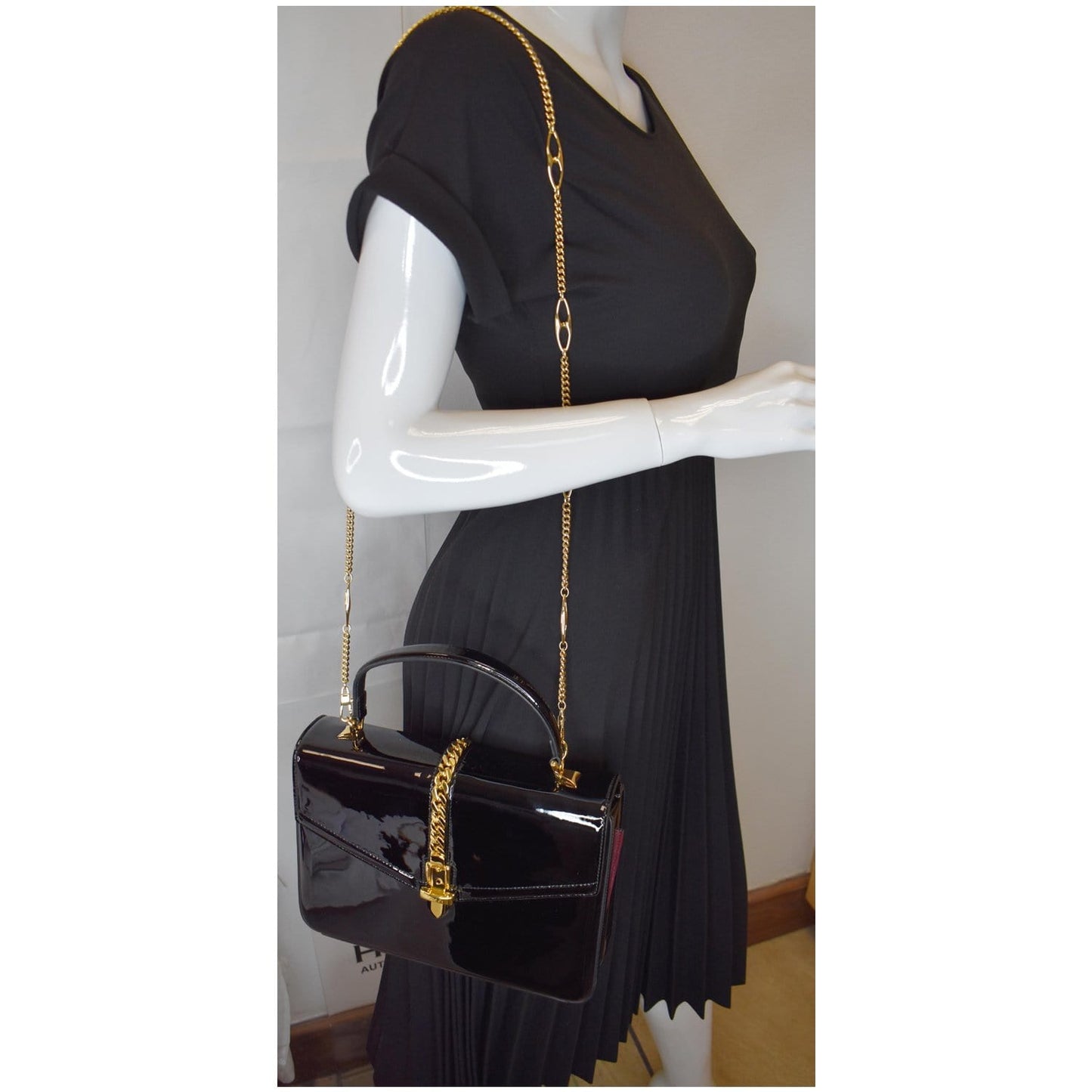 Gucci Sylvie Patent Top Handle Bag Leather Black Shoulder Bag