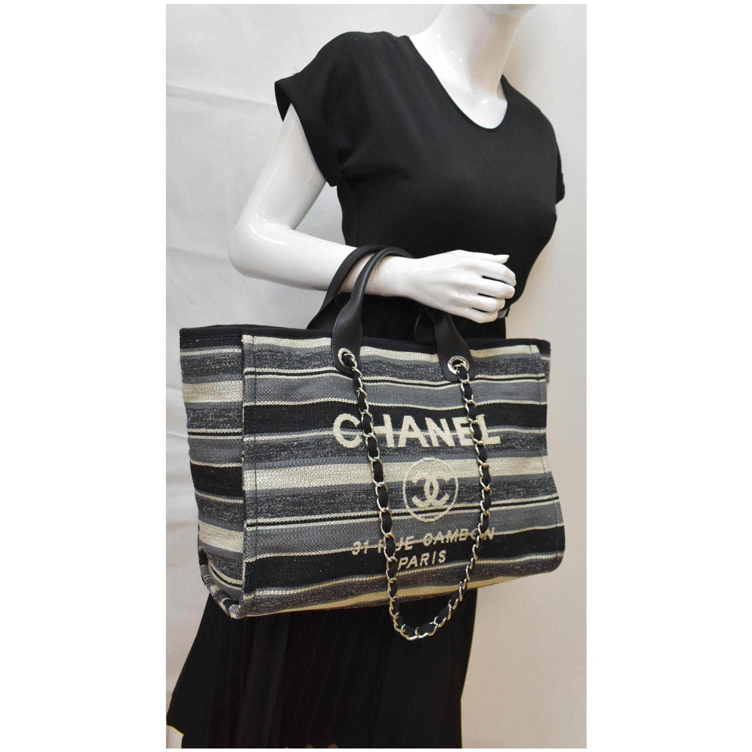 Chanel Deauville Striped Tweed Tote Bag Grey Canvas Black