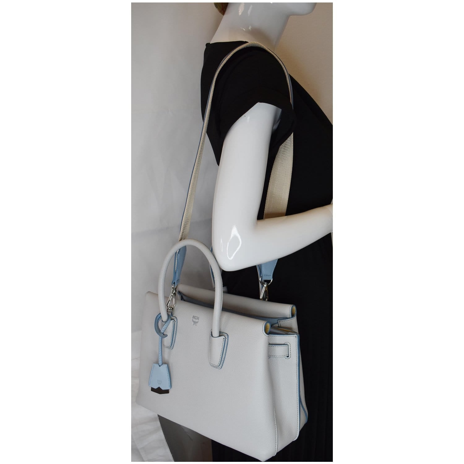 MCM Milla Top Handle Tote Shoulder Bag Leather Blue