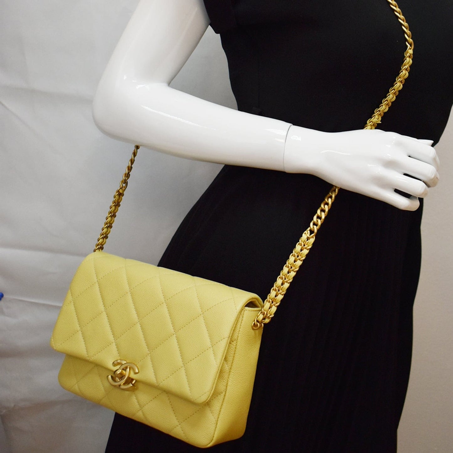 Chanel Melody Flap Caviar Shoulder Bag Yellow Leather Quilted