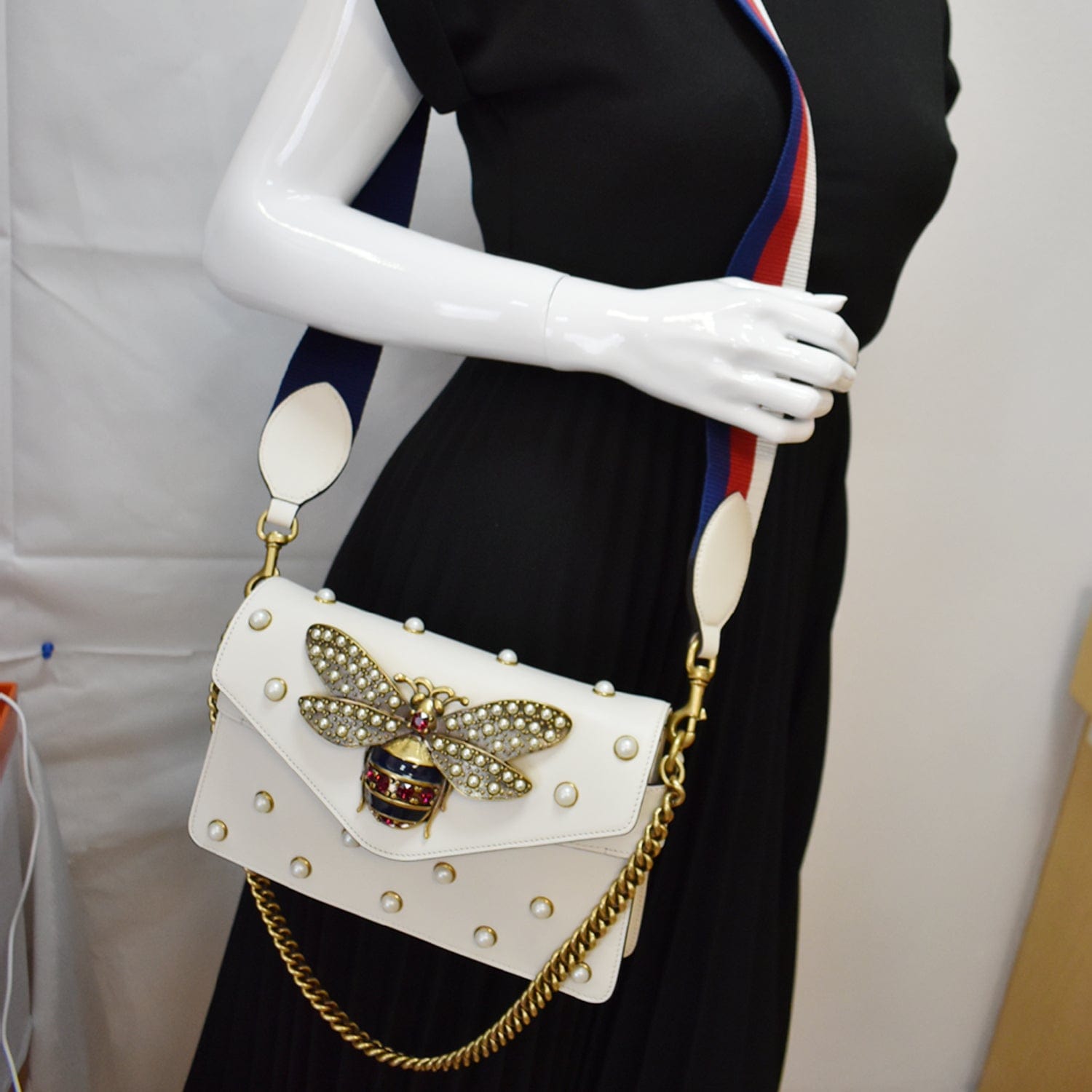 Gucci Broadway Pearl Bee Crossbody Bag Leather White