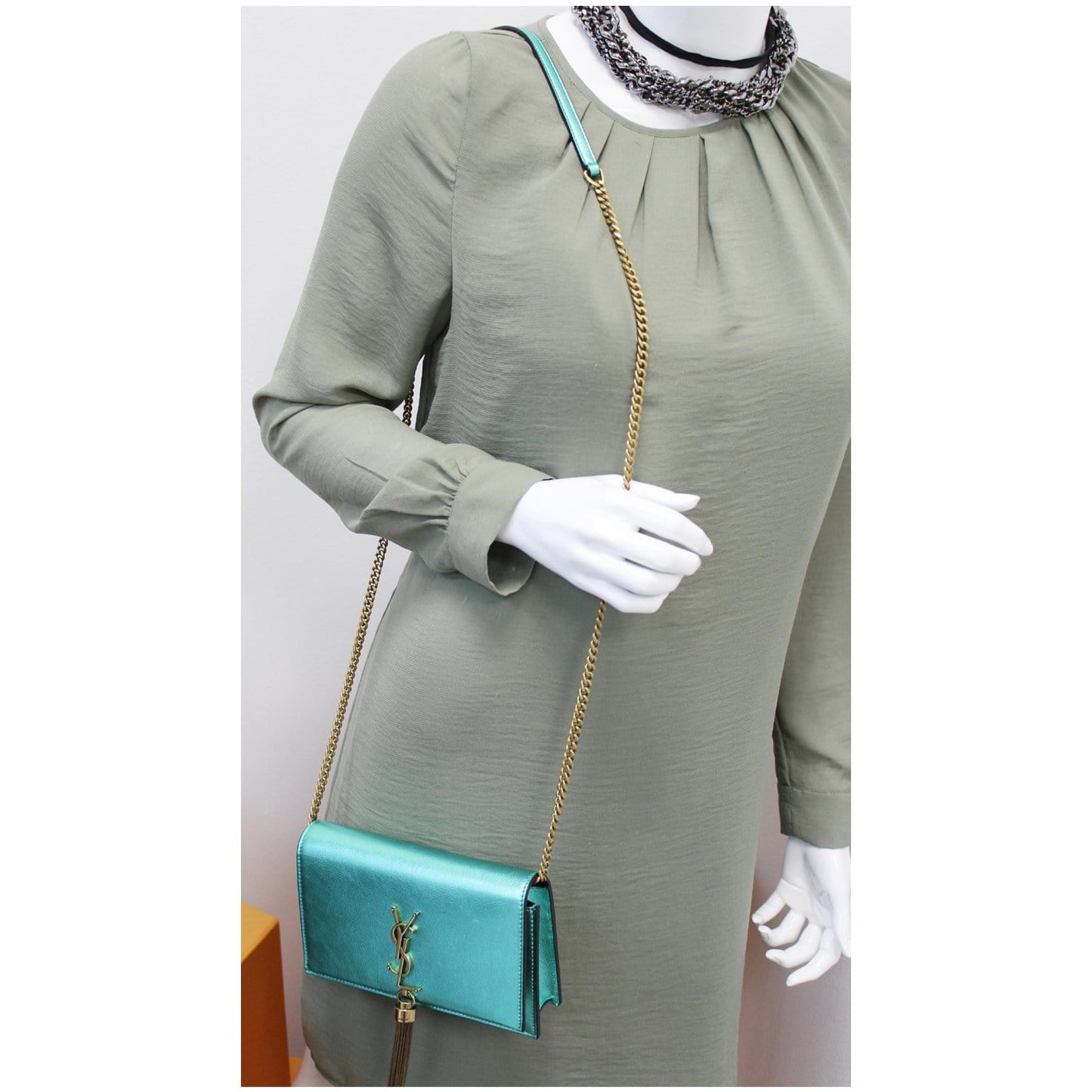 YSL Saint Laurent Saint Kate Tassel Crossbody Bag Teal Leather Small