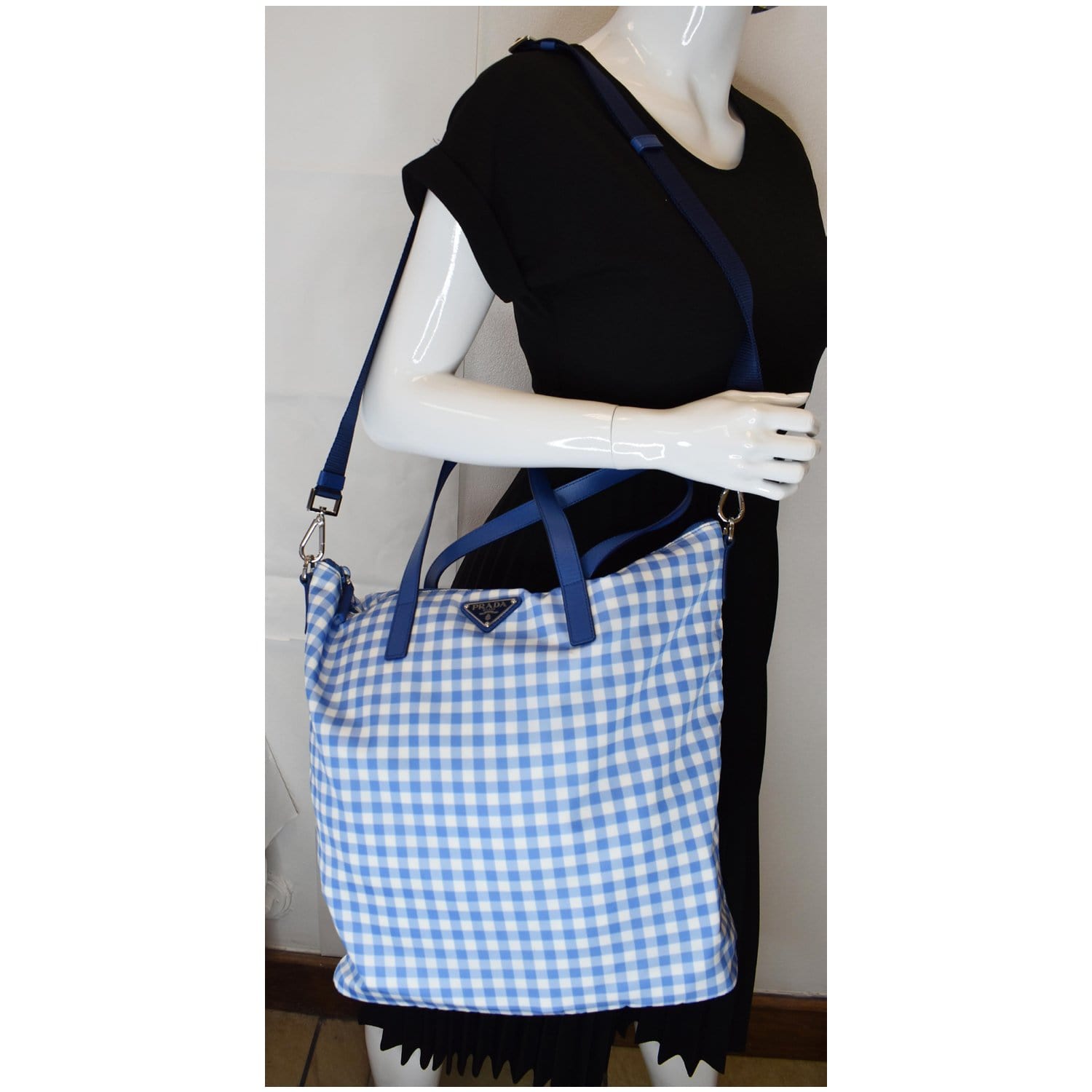 Prada Textured Check Tote Shoulder Bag Nylon Blue