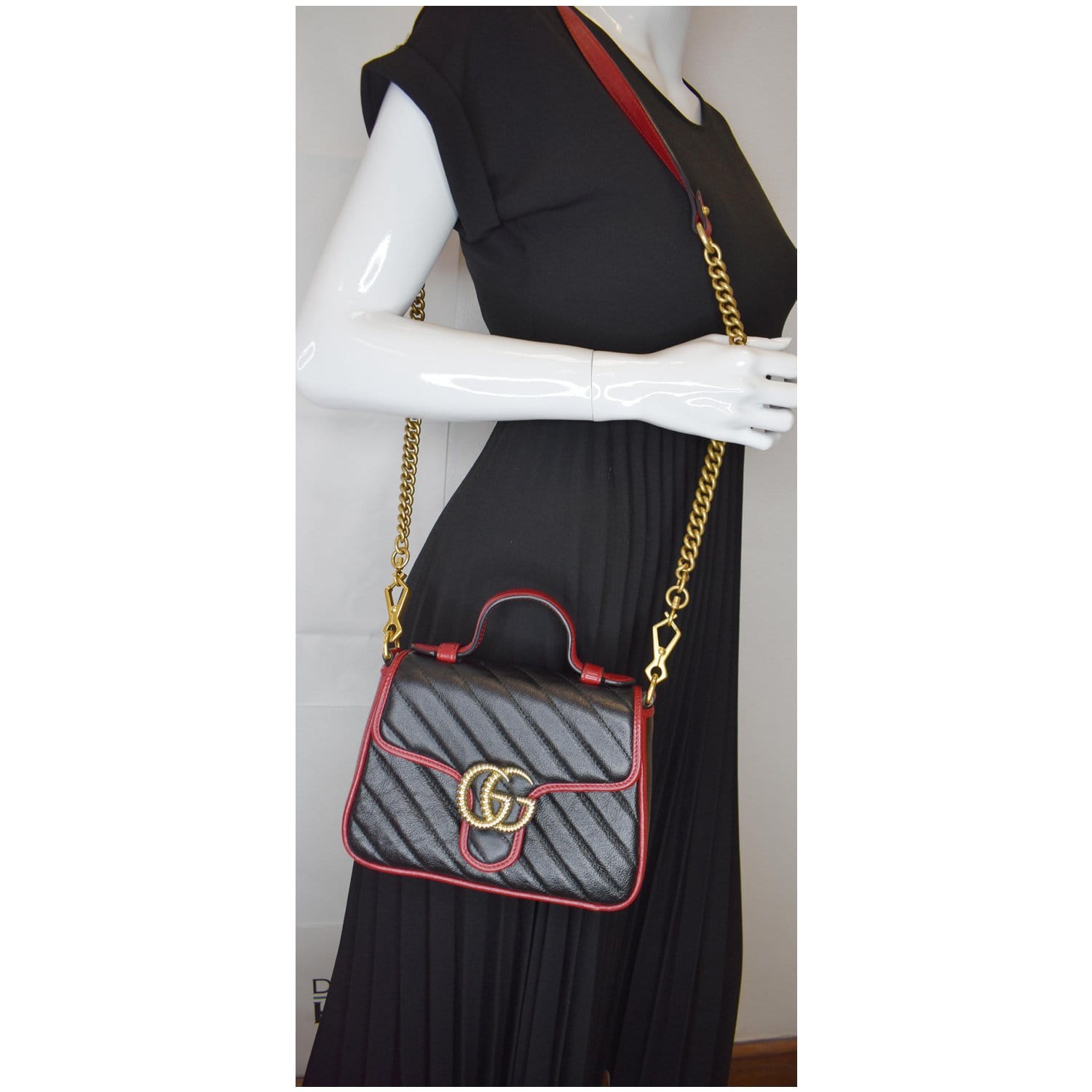 Gucci Marmont Top Handle Shoulder Bag Cerise Black Mini