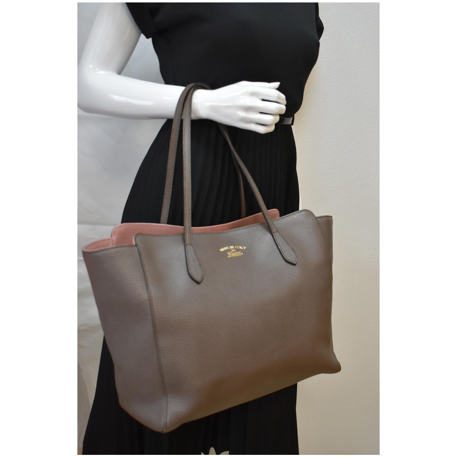 Gucci Swing Pebbled Tote Bag Taupe Leather