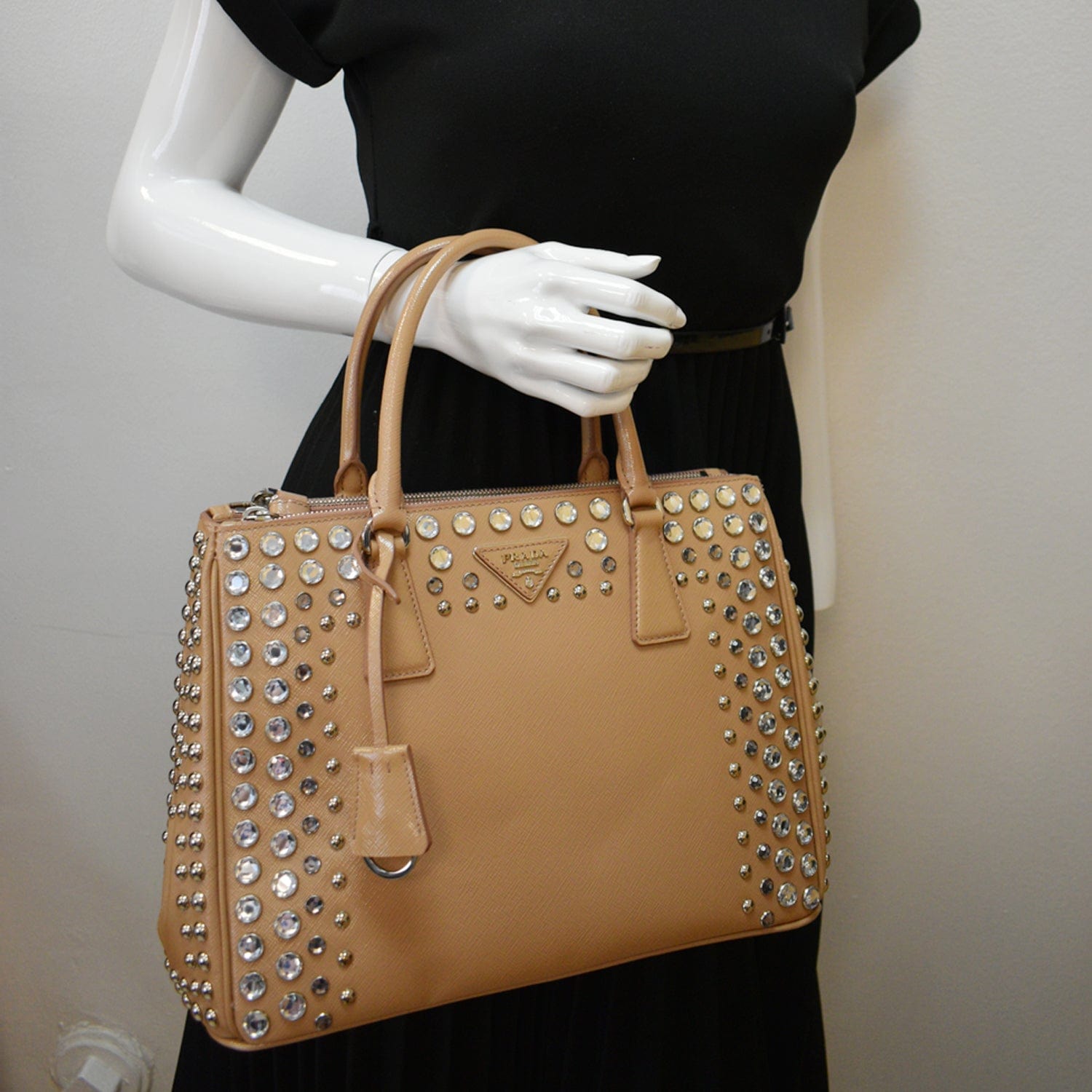 Prada Vernice Crystal Frame Studded Saffiano Top Handle Leather Beige Travel Bag