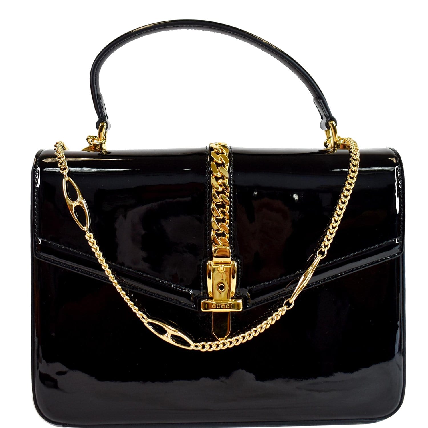 Gucci Sylvie Patent Top Handle Bag Leather Black Shoulder Bag