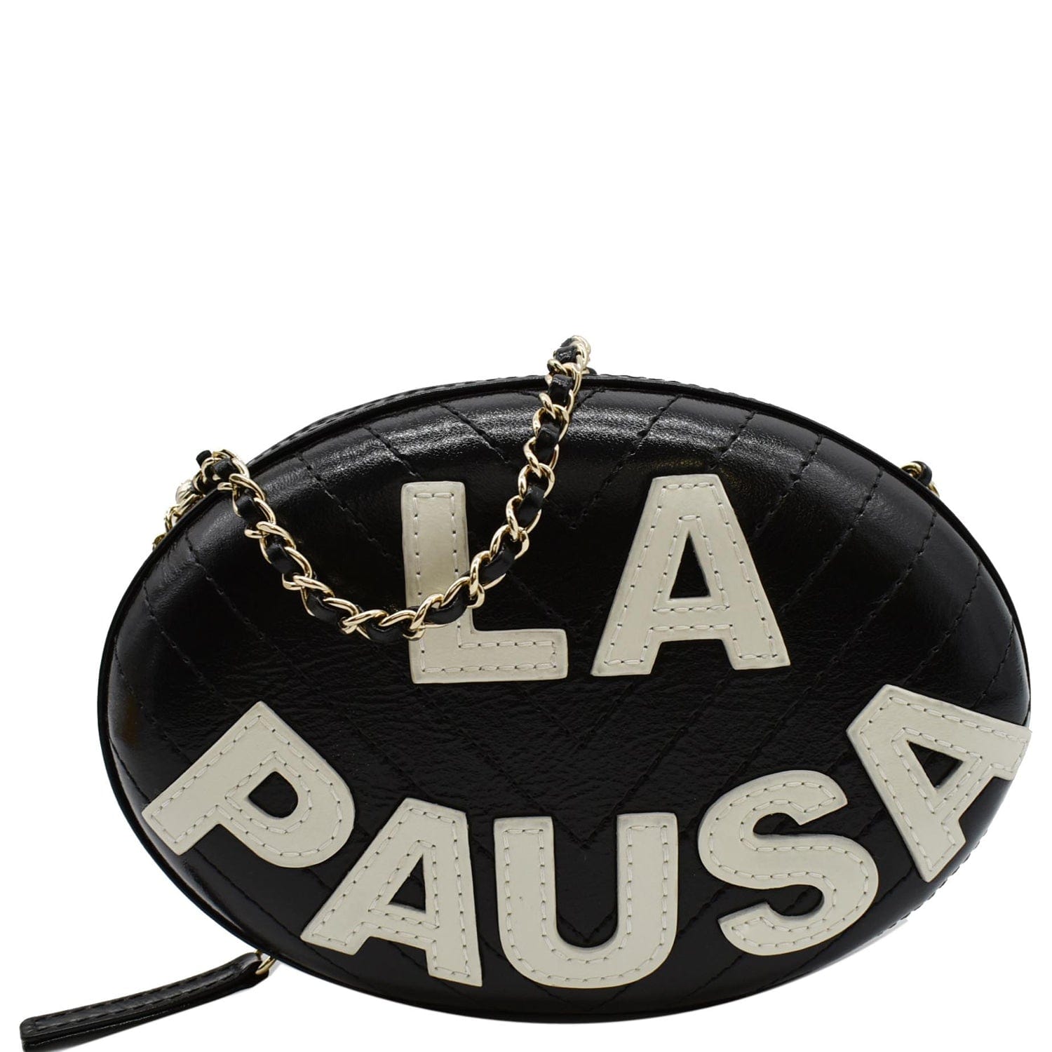 Chanel La Pausa Embroidered Chevron Chain Clutch Bag Leather Black Shoulder Bag