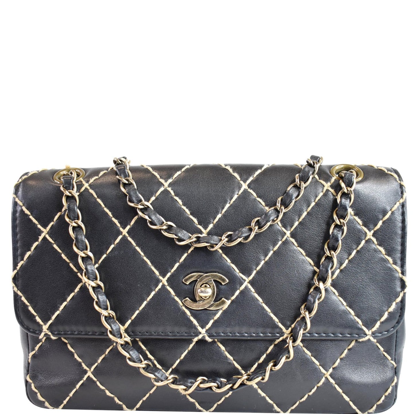 Chanel Wild Stitch Calfskin Shoulder Bag Quilted Black