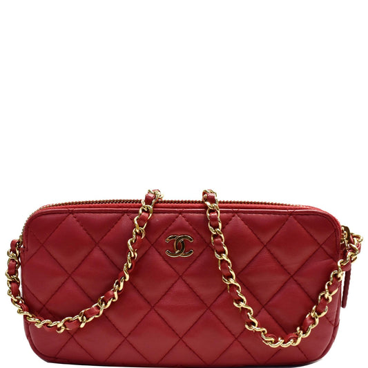 Chanel Double Zip Wallet On Woc Lambskin Shoulder Red Chain Crossbody Bag