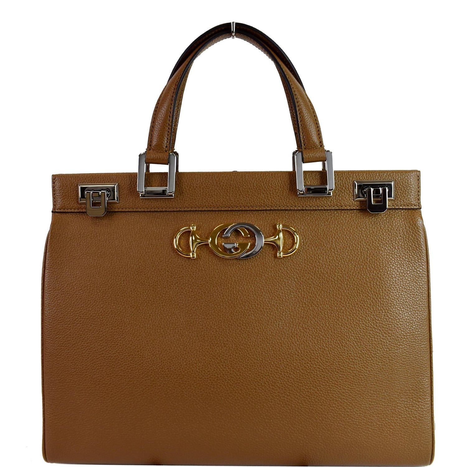 Gucci Zumi Grainy Top Handle Bag Taupe Leather Medium Shoulder Bag