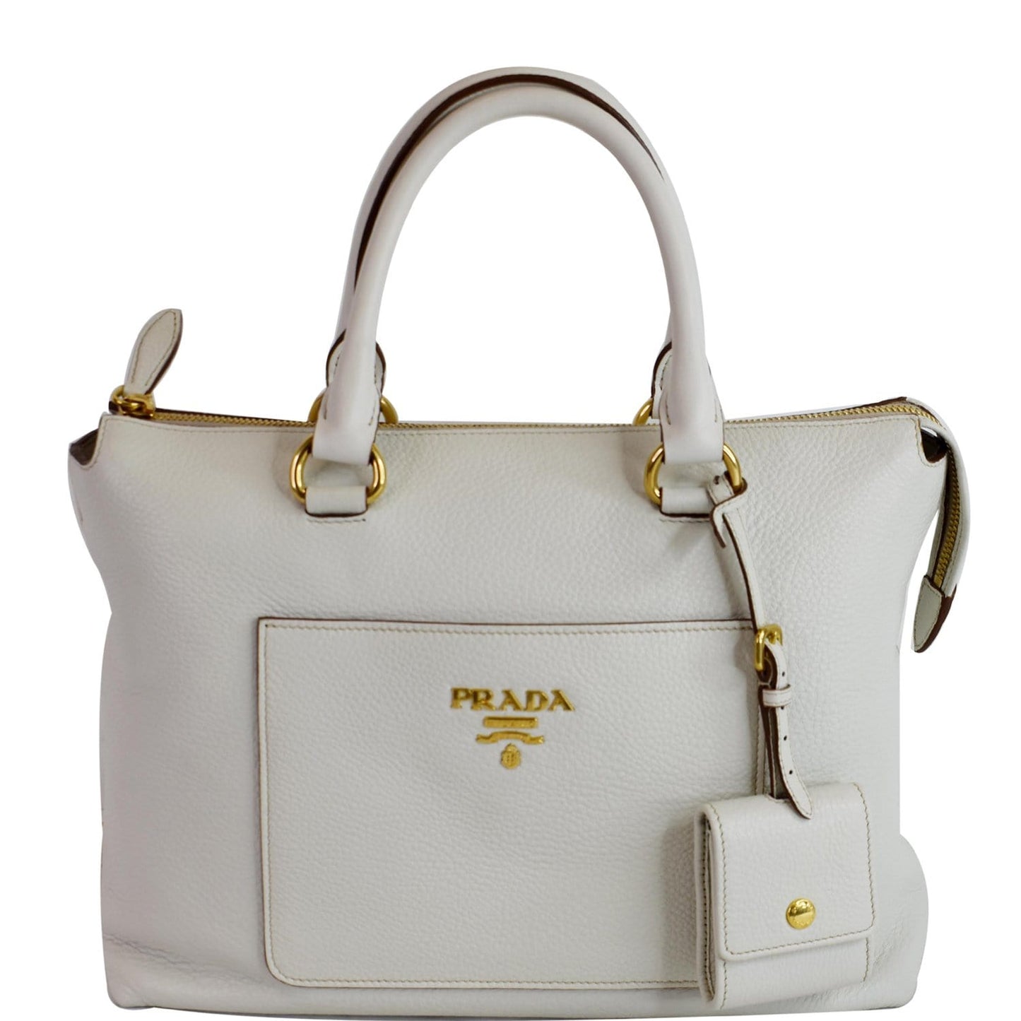Prada Vitello Daino Pebbled Zip Tote Shoulder Bag Leather White