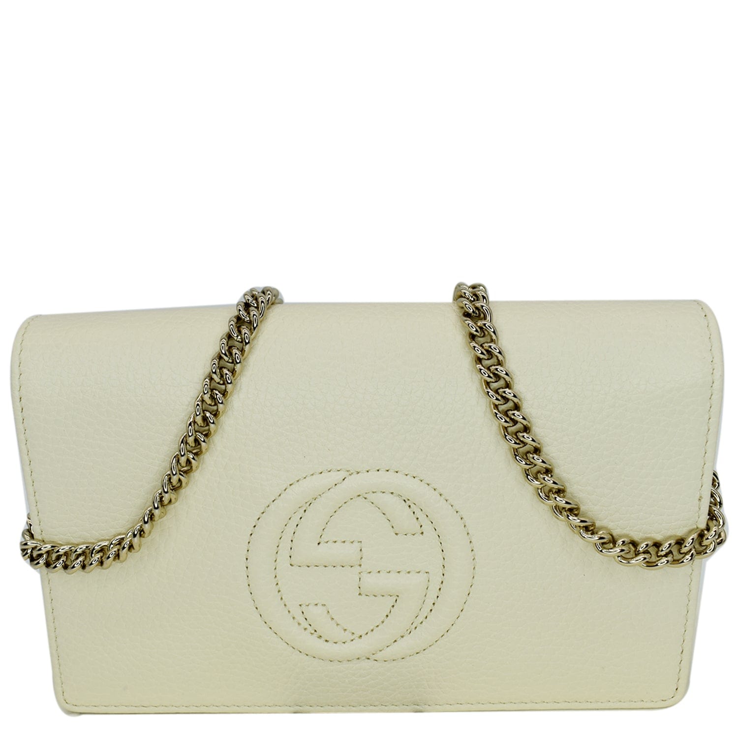 Gucci Soho Pebbled Wallet On Chain Crossbody Bag Leather Cream