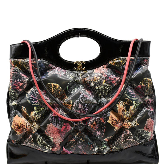 Chanel Leaves Printed Shopping Shoulder Bag Leather Black