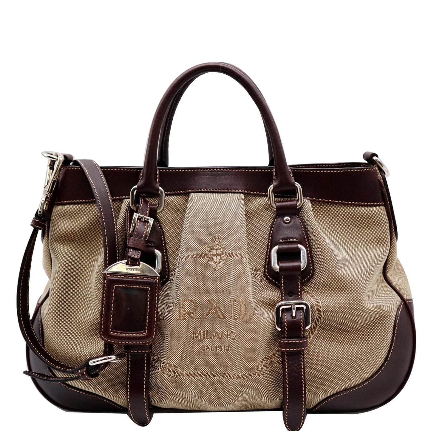 Prada Jacquard Logo Tote Shoulder Bag Leather Canvas