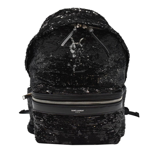 YSL Saint Laurent Saint City Sequin Backpack Bag Leather Black