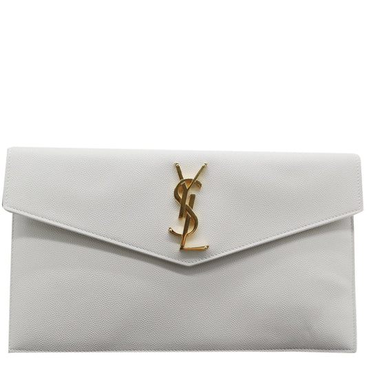 YSL Saint Laurent Saint Uptown Envelope Grain De Poudre Clutch Leather White Clutch Bag