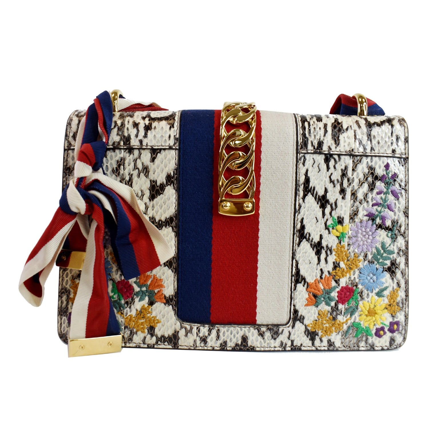 Gucci Sylvie Floral Embroidered Roccia Snakeskin Shoulder Bag Small