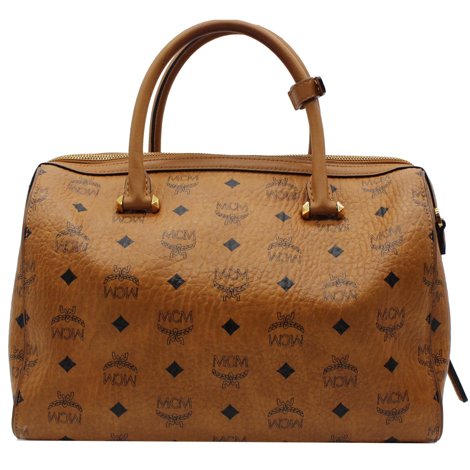 MCM Visetos Signature Boston Bag Cognac Leather Travel Bag