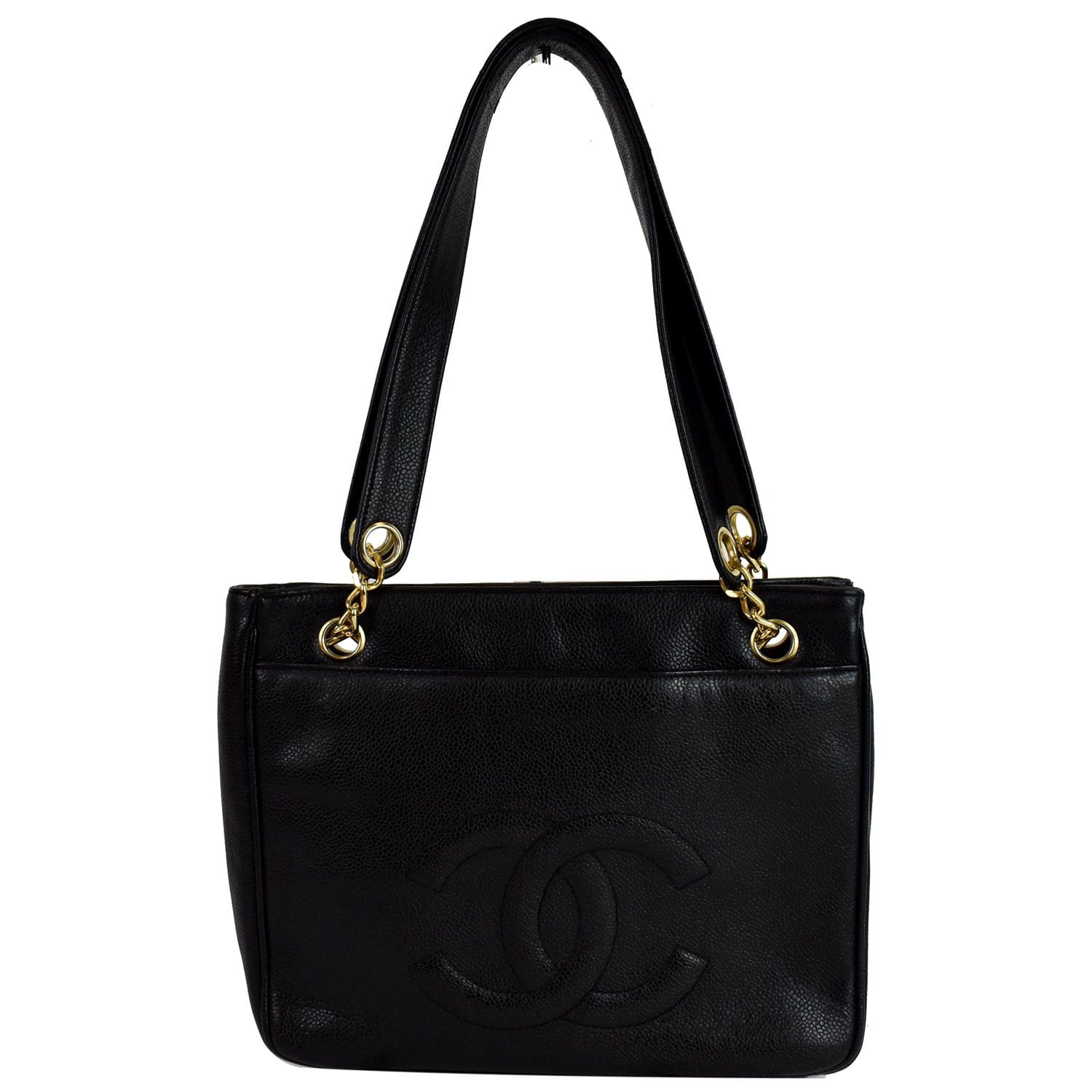Chanel Front Pocket Caviar Tote Bag Leather Black Shoulder Bag
