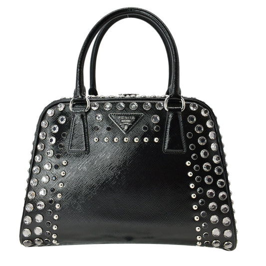 Prada Vernice Crystal Frame Studded Saffiano Top Handle Leather Black Travel Bag