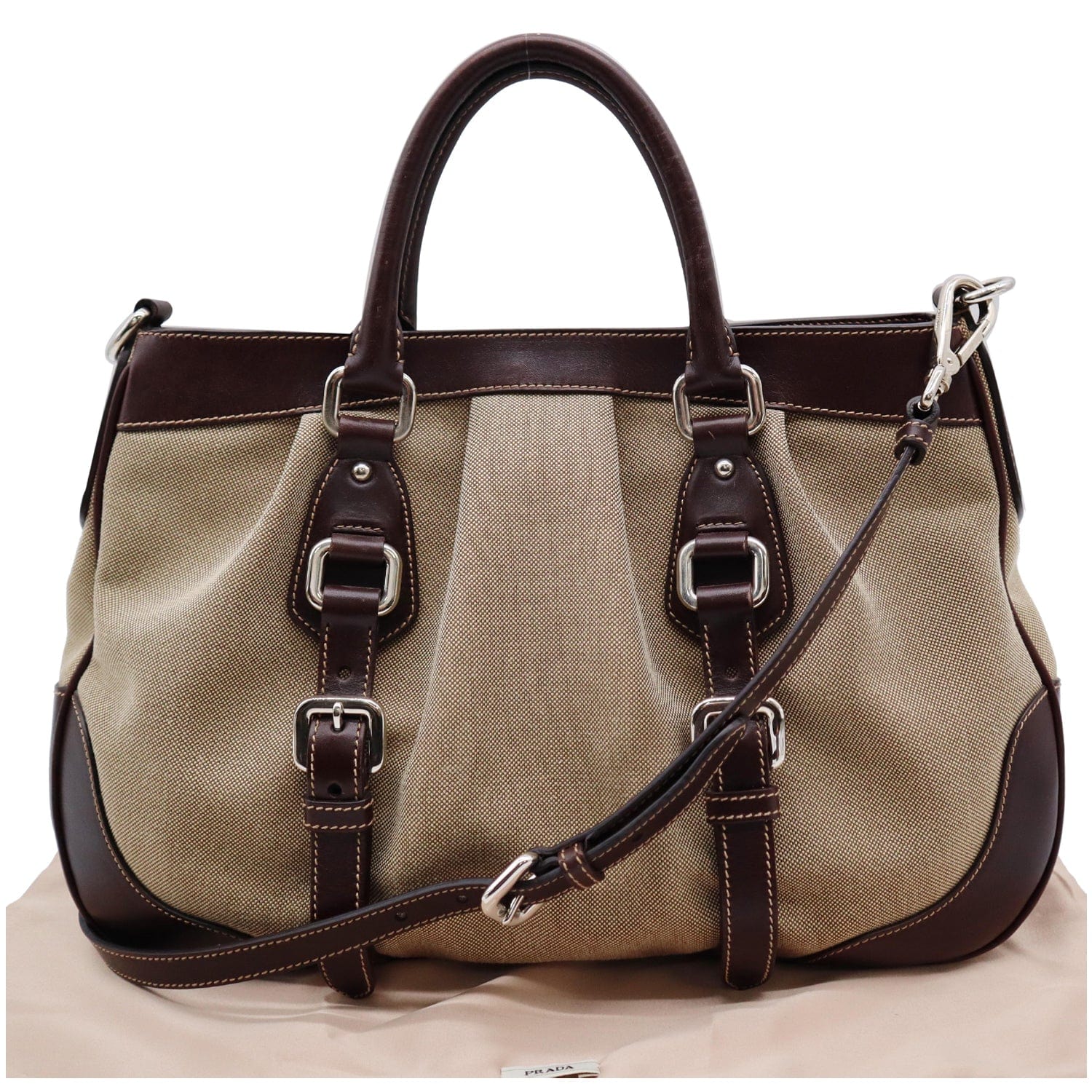 Prada Jacquard Logo Tote Shoulder Bag Leather Canvas