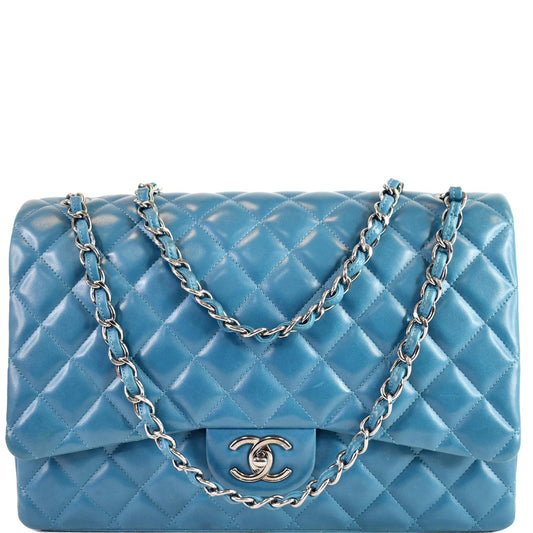 Chanel Maxi Double Calfskin Shoulder Bag Turquoise Leather Flap