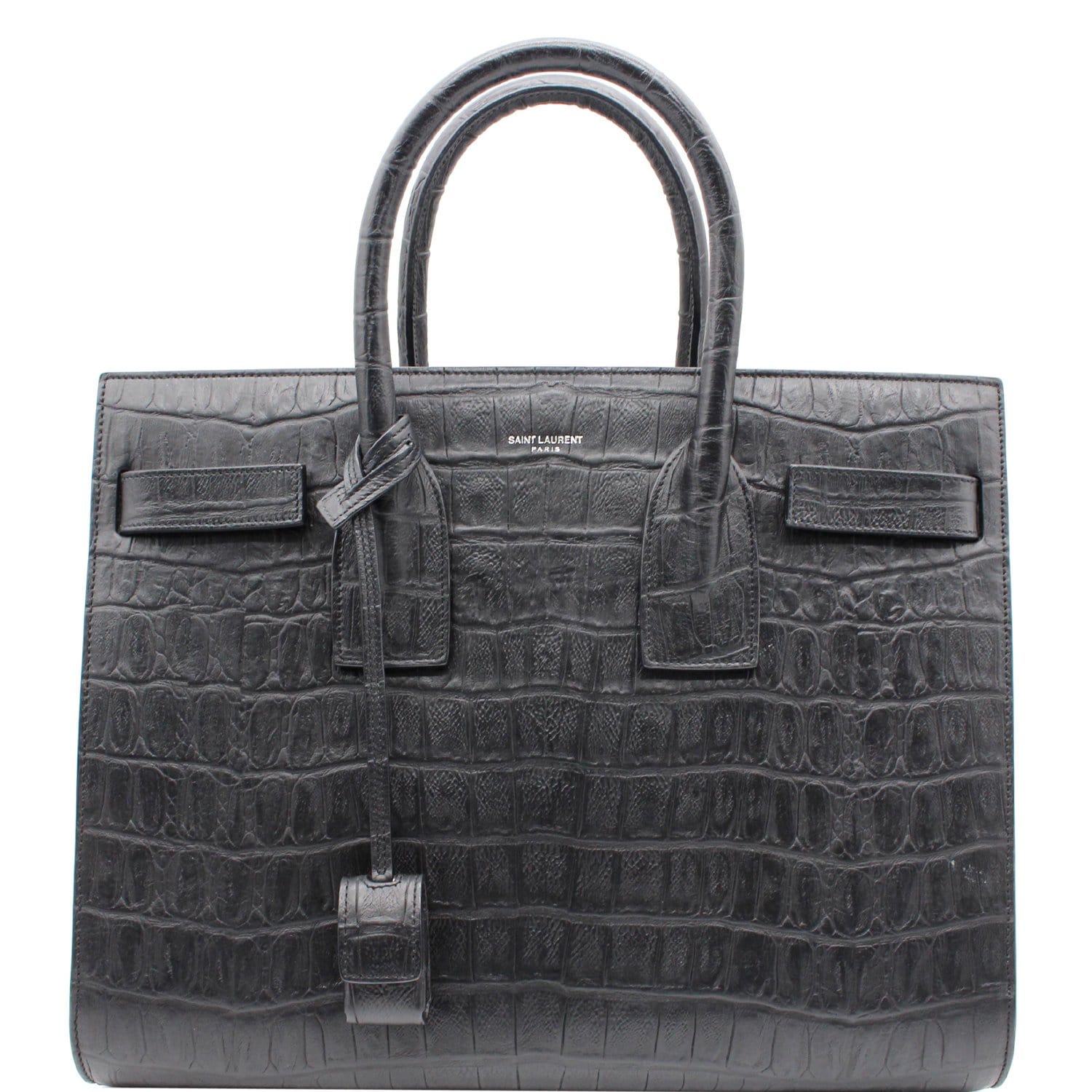 YSL Saint Laurent Saint Sac De Jour Crocodile Embossed Satchel Black Small Travel Bag