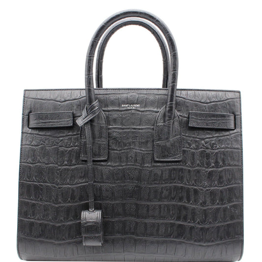 YSL Saint Laurent Saint Sac De Jour Crocodile Embossed Satchel Black Small Travel Bag