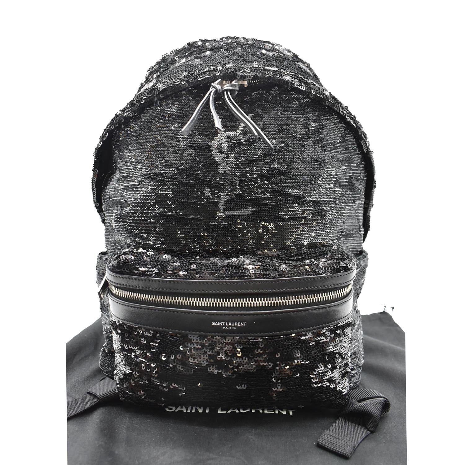 YSL Saint Laurent Saint City Sequin Backpack Bag Leather Black