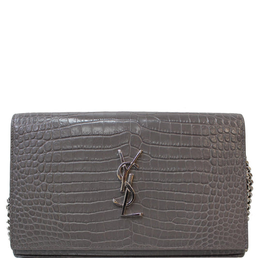 YSL Saint Laurent Saint Kate Crocodile Crossbody Bag Grey Last Leather Small