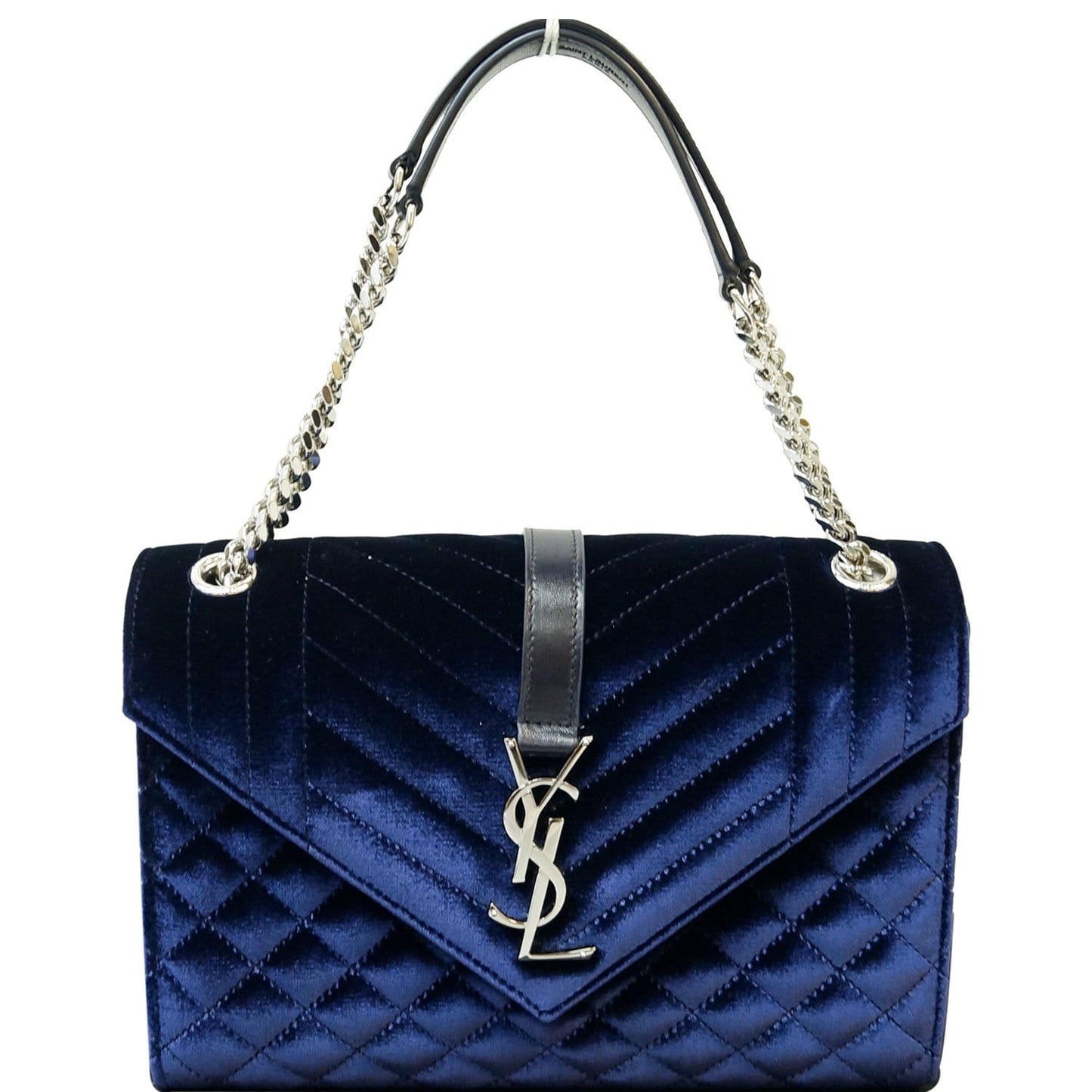 YSL Saint Laurent Saint Tri Quilt Velvet Shoulder Bag Navy Blue Flap