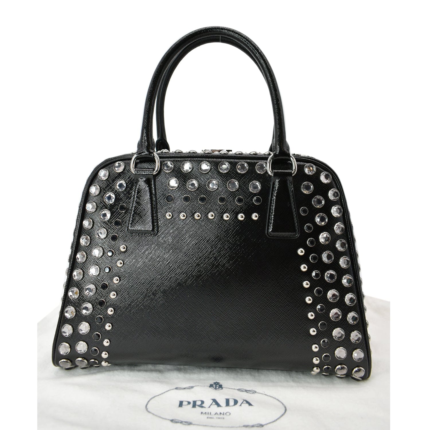 Prada Vernice Crystal Frame Studded Saffiano Top Handle Leather Black Travel Bag