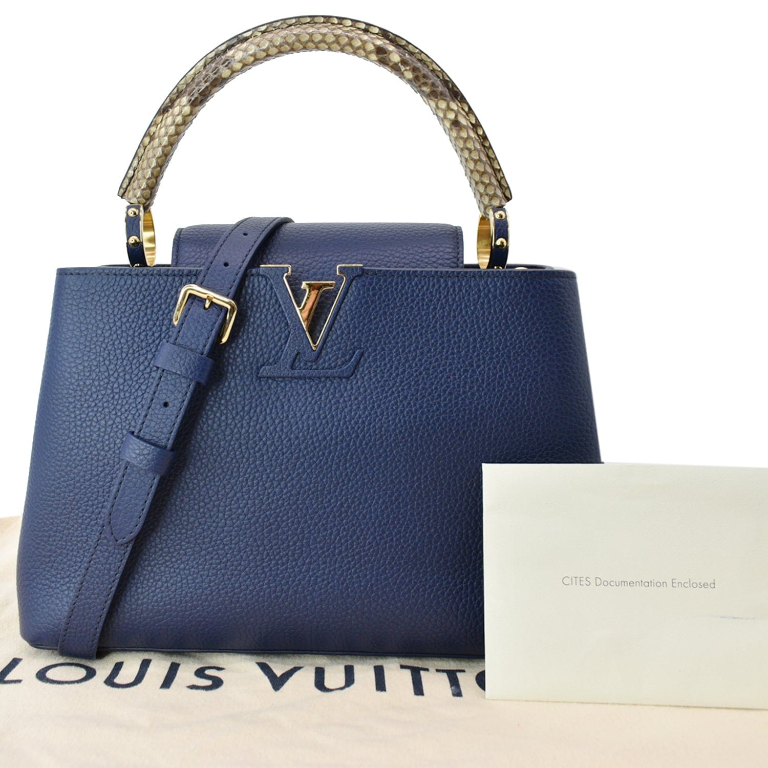 Louis Capucines Mm Taurillon Python Satchel Bag Leather Blue Travel Bag