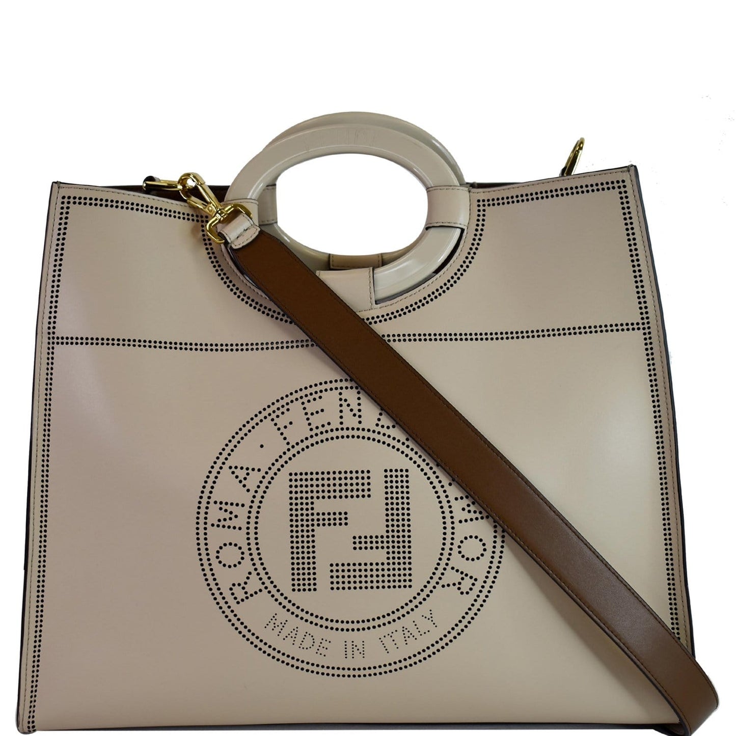 Fendi Runaway Perforated Shopper Tote Bag Leather Beige