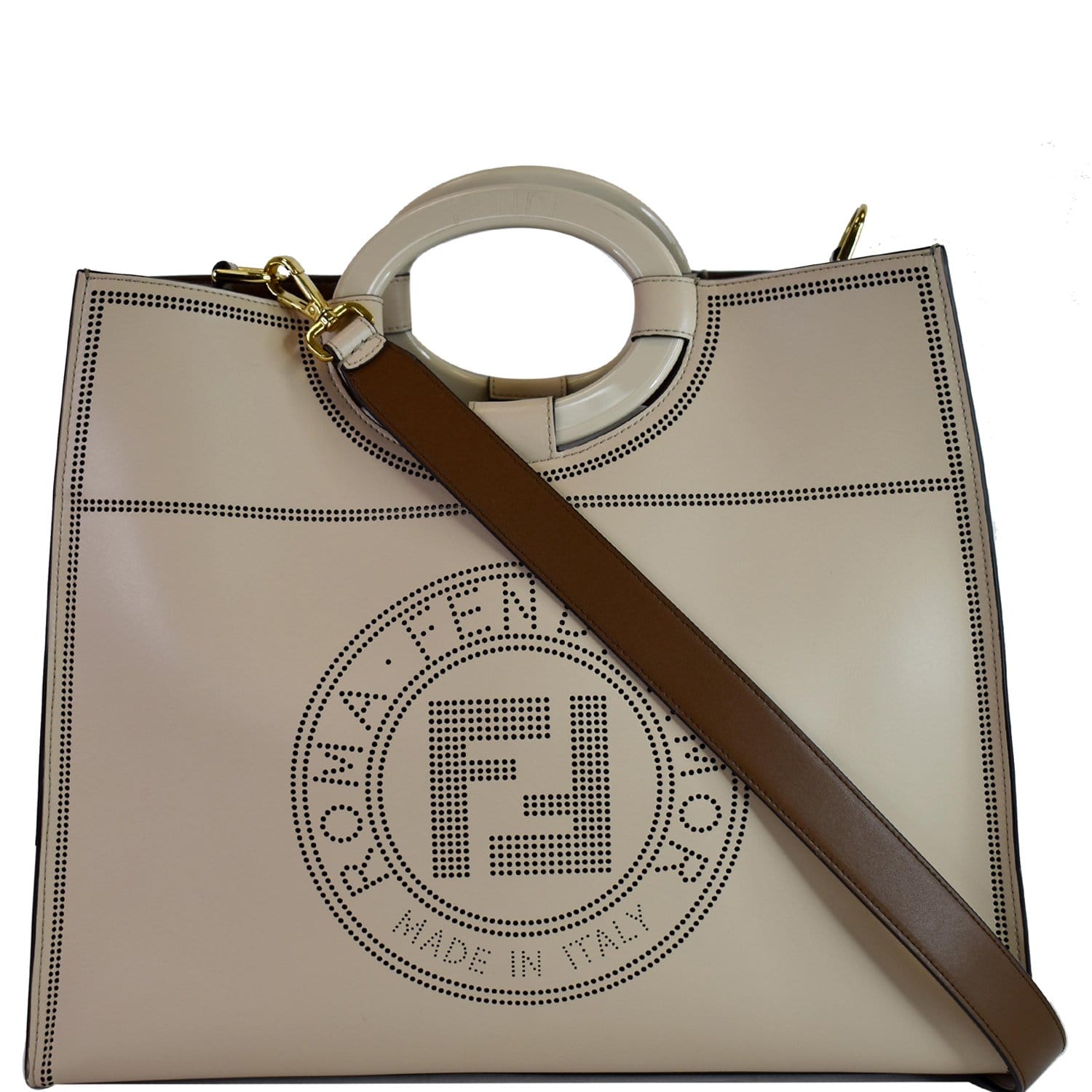 Fendi Runaway Perforated Shopper Tote Bag Leather Beige